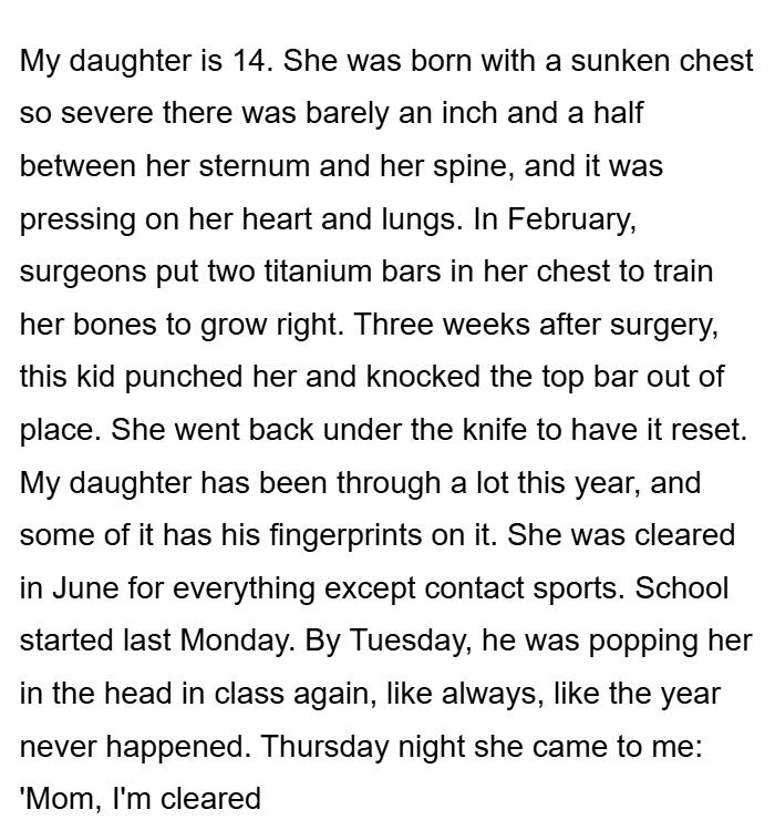 A boy has been punching my daughter in the head every day for months, and the school did nothing. When she finally asked my permission to hit back, I told her to knock him the…